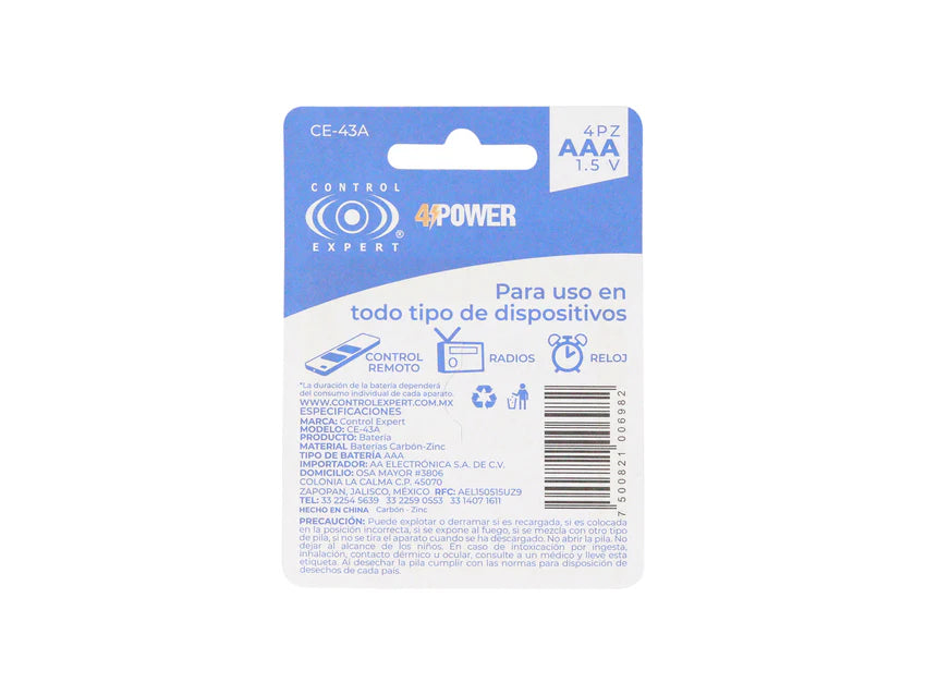 Pilas AA Larga Duración Paquete 4 Piezas Blíster Control Expert